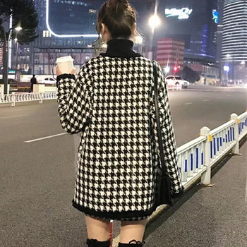 Sonbahar Kış Moda 2 Parça Set Kıyafetler Kadın Vintage Siyah Ekose Uzun Kollu Midi Hırka Ceket Üst + Yüksek Bel Etek Takım Elbise