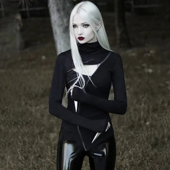Sonbahar Moda Gömlek Kadın Uzun Kollu Siyah Üst Fermuar Hollow Gömlek Gotik Streetwear Standı Yaka Üstleri