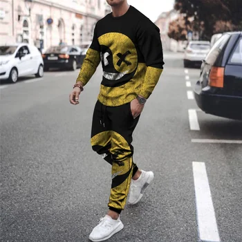 Sonbahar Sokak Giyim Rahat Erkek Spor 2 Parça koşu elbisesi Gülen Yüz 3d Baskılı Uzun Kollu T-Shirt + Pantolon Sokak Giyim