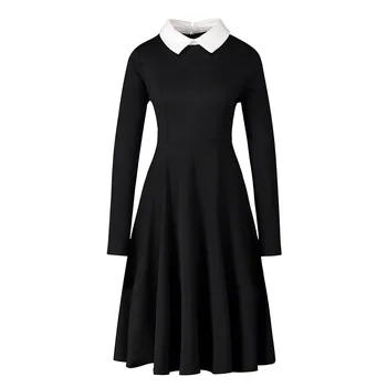 Sonbahar Yeni Kadın Elbise Zarif A-Line Elbiseler Kadın Peter Pan Yaka Uzun Kollu Siyah Vintage Elbise