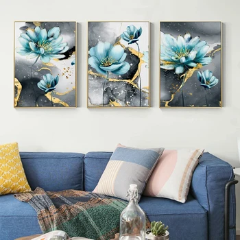 Soyut Mavi Çiçekler Altın estetik Dekoratif Elmas Mozaik Elmas Boyama Çapraz dikiş kitleri Ev Dekor Duvar Sanatı Triptik