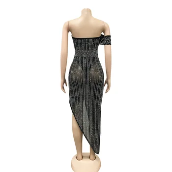 Sparkle Kapalı Omuz Siyah Kristal Midi Elbise Bayan Glam Rhinestone Çivili Asimetrik Parti Elbise Doğum Günü Kıyafetleri Vestidos