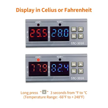 STC-3018 12V 24V 220V Dijital sıcaklık kontrol cihazı C / F Termostat Röle 10A ısıtma/Soğutma Termoregülatör Çift LED Ekran