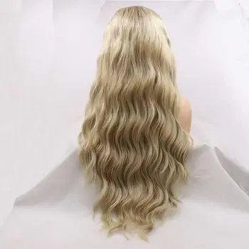 Sylvia uzun kıvırcık sentetik kahverengi sarışın dantel ön peruk orta kısmı ıki ton ısıya dayanıklı iplik saç doğal saç çizgisi