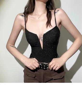 Sıcak Kız Tarzı Tulum Süper Sıcak Siyah Sıkı Seksi Askı Sokak Tasarımı Duygu İnce Tek parça Giyim Dipli Üst Kadın