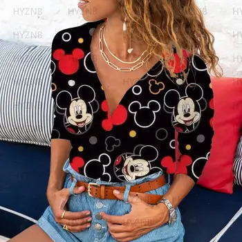 T Shirt Yaz Kpop uzun kollu üst Kadınlar 2022 Serin T-shirt Seksi Minnie Mouse Polo Kawaii V Yaka Moda Kadın Bluzlar Disney