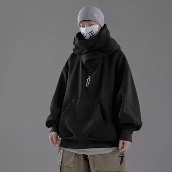 Techwear Ninja Çift Yaka pamuklu kazak Casual Hoody Harajuku Erkekler Hoodie Hip Hop Streetwear Gevşek Hoodies Tişörtü