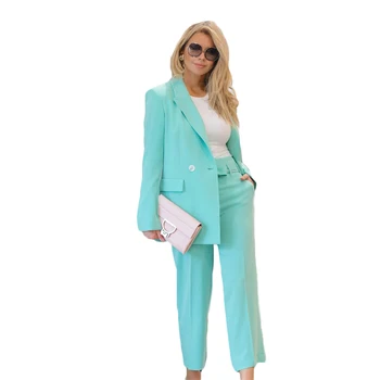 Tiffany Mavi Zarif kadın 2 Set Özel Kruvaze Resmi Blazer + Pantolon Parti Balo Elbise Moda Ceket ceket