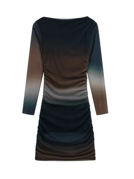 TRAF Baskılı Tül Mini Elbise Kadın Pilili Örgü Elbise 2022 Uzun Kollu Kısa Elbiseler Kadınlar İçin Sonbahar Kış Parti Elbiseler