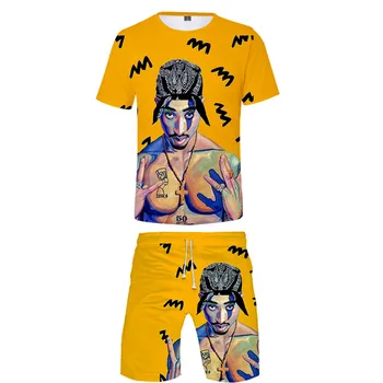 Tupac Amaru Shakur İki Adet Setleri Erkekler 3D T Shirt+Şort Takım Elbise Erkekler Yaz Tees Tops Rapçi Tupac Moda T-shirt Erkek Giyim
