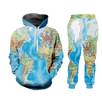 UJWI 2020 Takım Elbise erkek Setleri 3DPrint Dünya Haritası Okyanus Komik Harajuku Kış Eşofman Ceket Eşofman Kazak Hoodies Ceket