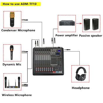 Ultra İnce Konsol USB Oynatma Kayıt Karaoke Çift 99 DSP Efektleri 48V Phantom 10 Kanal (8 Mono + 1Stereo) ses mikseri ADM-TF10