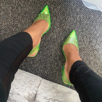 Veowalk Yaz Kadın Yeşil Yumuşak PVC Şeffaf Sivri Burun Slingback Stiletto Pompaları Bayanlar yüksek topuklu sandalet Ayakkabı Boyutu 43 44 45
