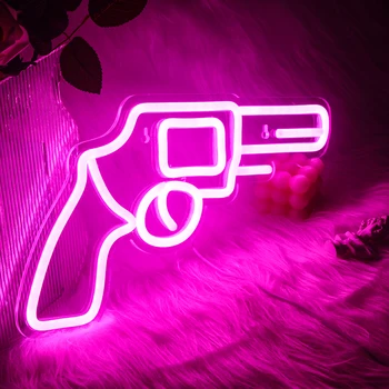 Wanxıng Neon burcu ışıkları pembe tabanca tabanca şekilli asılı sanat gece lambaları yatak odası oyun odası için kişiselleştirilmiş duvar dekor Usb anahtarı