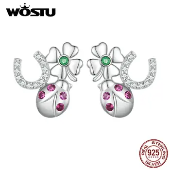 WOSTU 925 Ayar Gümüş Çok Renkli Şanslı Dört Yonca Uğur Böceği Saplama Küpe Kadınlar İçin Güzel Kulak Klipleri Doğum Günü Takı Hediye