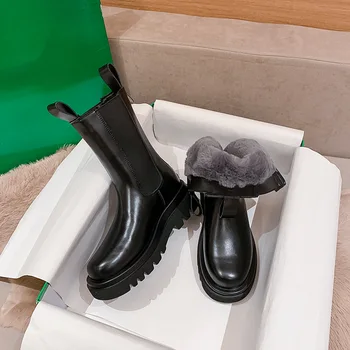 XH181 Lüks Kürk Çizmeler Kadın Kış Chelsea Çizmeler Siyah Orta Buzağı Peluş Sıcak Platformu Tıknaz Ayakkabı Moda Tasarımcısı botines mujer