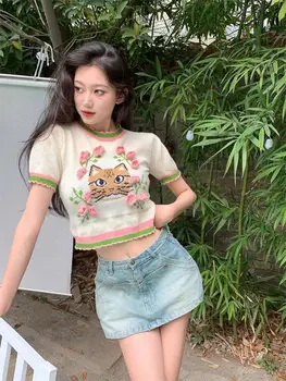 Y2K Estetik Kedi Nakış Örme Kırpma Üstleri Japonya Kawaii Kadın Tişörtleri Retro Puf Kollu Seksi Kızlar Streetwear Yaz Kore