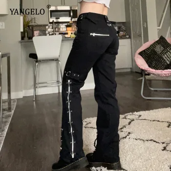 Yangelo Koyu Punk Y2k Grunge Düşük Bel Emo Kot Merkezi Gotik Kadın Siyah Patchwork Elektro Pantolon Moda Streetwear Alt Giysi