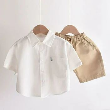 Yaz Beyaz Gömlek Erkek Bluz Sevimli Gömlek Çocuk Şerit Kısa Kollu Gömlek Camisa Bebek Zaman Küçük Erkek Giyim Dinozor