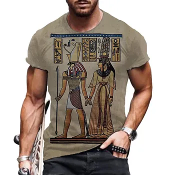 Yaz erkek moda retro sokak T-shirt Mısır elemanları 3D baskılı rahat nefes yuvarlak boyun büyük boy kısa kollu