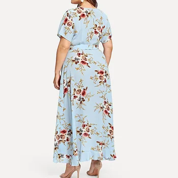 Yaz giysileri Kadınlar için Vintage Çiçekli Baskılı Hırka V Boyun Bağcık Kısa Kollu Düzensiz Zarif Uzun Elbiseler Artı Boyutu 5XL
