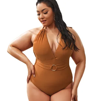 Yaz Kadın Büyük Mayo Çelik Halka Dekorasyon Kemer Tek Parça Mayo Artı Boyutu 3XL 4XL Derin V Boyun Beachwear Kahverengi Bikini
