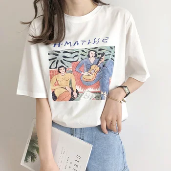 Yaz Kadın Gevşek pamuklu tişört Vintage Baskı Yuvarlak Boyun Kısa Kollu Casual Büyük Boy T-shirt Tee Üstleri Ev Tekstili 2022