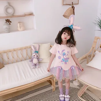 Yaz Kız Prenses Elbise 2022 Küçük Kız Karikatür Yürümeye Başlayan Örgü Mini elbiseler Çocuklar Parti Sequins Tavşan Kısa kollu Giyim