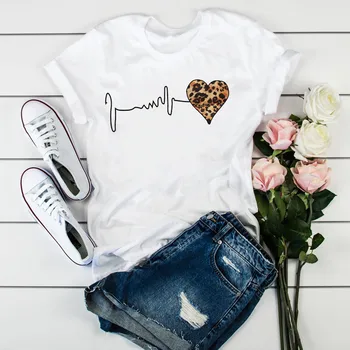 Yaz Yeni 90s Leopar Kalp Atışı Kısa Kollu Baskı Giyim kadın T-Shirt Harajuku Grafik Giyim kadın Üst, damla Gemi