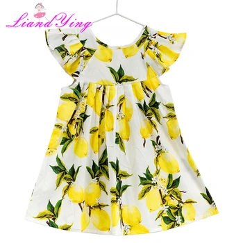 Yaz Yeni Rahat Tarzı Moda Fly Kollu fiyonk Elbise Kız Giyim Çocuklar için Sevimli Meyve Ananas Baskı Elbiseler