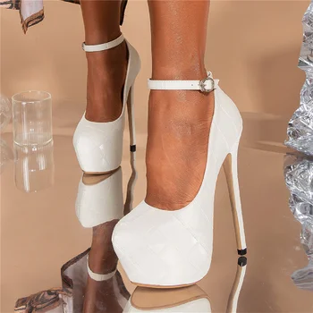 Yaz Yüksek Topuklu Ayakkabı Düz Renk Gece Balo Ayakkabı Platform Ayakkabılar Seksi Kadın Toka ayak Bileği Damalı PU Bayanlar 2022 Pompaları