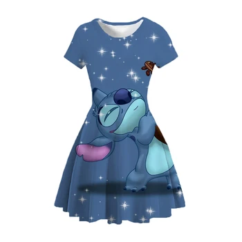 Yaz Çocuk Giysileri Güzel Kore Küçük Kızlar Elbiseler Disney Lilo ve Stitch Prenses Parti Kostüm Vestidos 3D Giyim