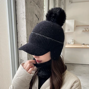 Yeni 2 adet Şapka Eşarp Kadın Kış Tavşan Kürk Karışımı Sıcak Kap Moda kulak koruyucu Örme Şapka Ponpon Hapsi Şapka Doruğa kap