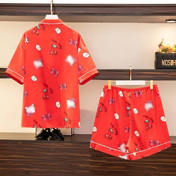 Yeni 2022 Bayanlar Yaz Artı Boyutu Kadın Pijama Setleri Büyük Boy Kırmızı Baskı Gömlek Ve Şort Ev Giyim Takım Elbise 3XL 4XL 5XL 6XL 7XL