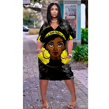 Yeni Afrika Yüz 3D Baskı Elbise Zarif Kadın Elbise Vintage Kadınlar Kısa Kollu Elbiseler Melanin Boho V Yaka Seksi Kız Parti Elbise