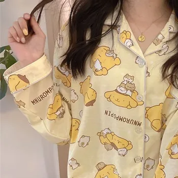 Yeni Kawaii Sevimli Sanrio Pompompurin Pijama Ev Giysileri Hırka Takım Elbise Baskı Ins Gelgit Kız noel hediyesi Kız Arkadaşı İçin