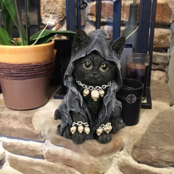 Yeni Kedi Heykelcik Cadı Grim Reaper Dekorasyon Reçine Siyah Perdeli Grim Reapers Kedi Mikro Dekorasyon Bahçe Ev Ofis