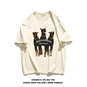Yeni Pamuk T-shirt Doberman Köpek Baskı Kısa Kollu Gevşek Supersize Rahat Yaz Yeni Yüksek Sokak Bağbozumu Eğilim T-Shirt
