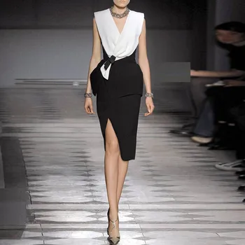 Yeni Pist Tasarım Moda Yaz Bodycon Elbise Seksi Kadın Kolsuz V Boyun Dantel Up Siyah Beyaz Hit Renk Bölünmüş Parti Vestidos