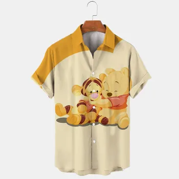 Yeni Yaz 2022 Disney Winnie the Pooh ve Dikiş Marka Karikatür Rahat 3D Baskılı Kısa Kollu Yaka Gömlek slim fit uzun kollu erkek gömlek erkek Üst