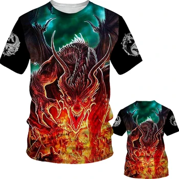 Yeni Yaz Erkekler Ejderha 3D Baskılı Desen T-Shirt Rahat Spor O Yaka Vintage Kısa Kollu Gömlek Hip-Hop harajuku tişört