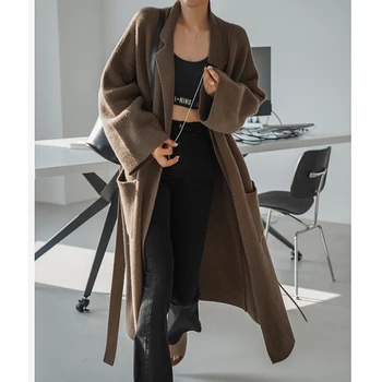 Yeni Şık Büyük Boy Hırka Kadın Yün Kazak Lace Up Güz 2022 Kore Kahverengi Uzun Örgü Kimono Hırka Streetwear Kış