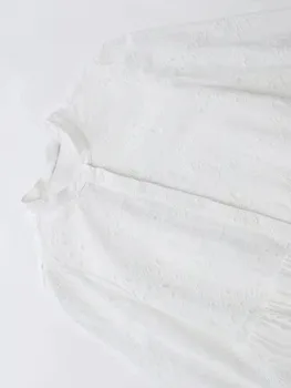 YLJHQX 2022 Yeni Kadın Beyaz Kesme Elbise Zarif Bayanlar O Boyun Uzun Kollu İşlemeli Midi Elbiseler Elastik Manşetleri İle