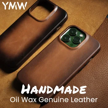 YMW El Yapımı iphone için kılıf 13 14 Pro Max Artı Manyetik Yağ Balmumu Hakiki Deri Lüks İş Retro Pull-up İnek Telefon Kapağı