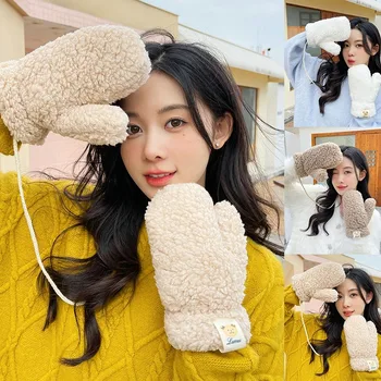 Yumuşak Peluş Kış Kalın Sıcak Parmaksız Eldiven Kızlar Kore Japon Düz Renk Eldiven Halatlar İle Rahat Açık Sürme Eldivenler
