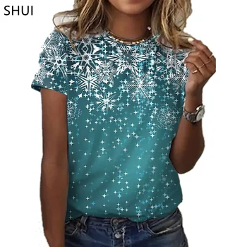 Yuvarlak Boyun T-shirt Giyim Yaz Moda Bayanlar 3D Kar Tanesi Desen Dijital Baskı Kısa kollu Rahat bol tişört Üst X