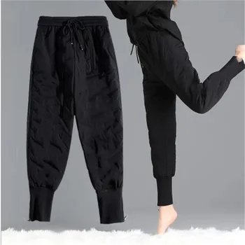 Yüksek Bel Sweatpants Kadınlar Kış Sıcak Aşağı pamuklu pantolonlar Siyah Uzun Pantolon Elastik Bel günlük pantolon Rüzgar Geçirmez Pantolon