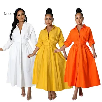 Yüksek Bel Tunik Büyük Salıncak Katı Zarif Maxi Elbise Kadınlar için 2022 Yaz Zarif Streetwear Gömlek Uzun Elbiseler