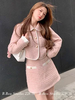 Yüksek Kaliteli Kore Moda Tatlı Tüvit İki Parçalı Setleri Kadın Kıyafetleri Kısa Ceket Ceket + Etek Takım Elbise Sonbahar Kış 2 Parça Set