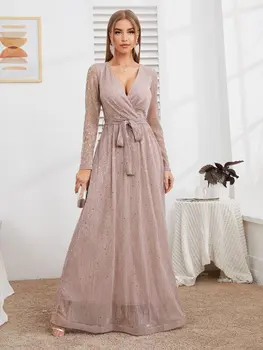 Zarif Kadın İnce Uzun Kollu V Yaka Elbise, Glitter Sequins Yüzey Kravat Up Bel Pileli Elbise Parti Etek, S / M / L / XL